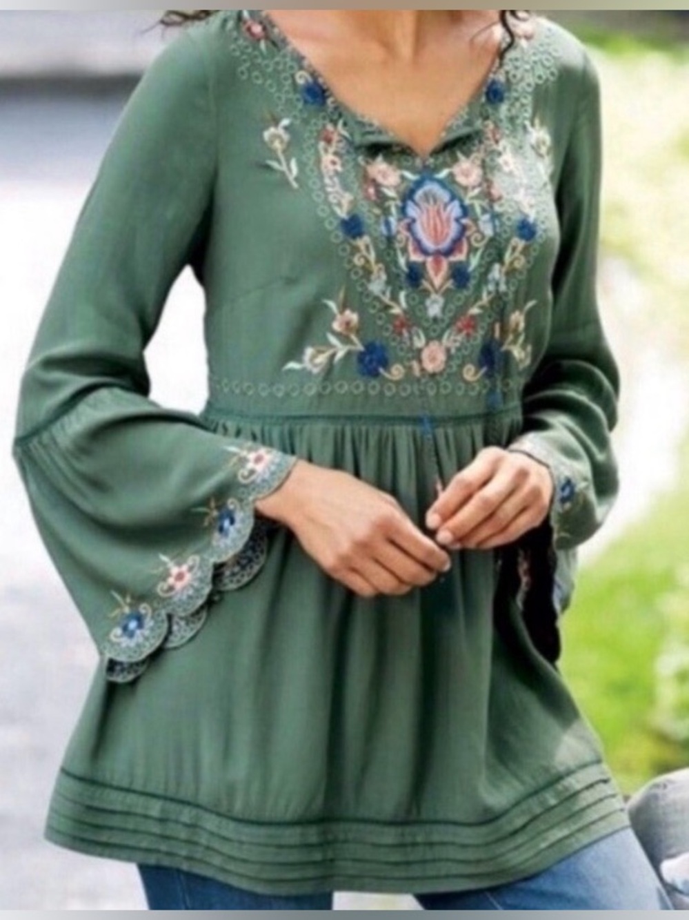 Soft Surroundings Green Embroidered Floral Tunic Bell Sleeve Blouse